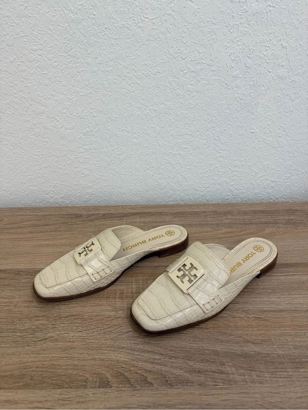 Tory Burch Cream Croc-Embossed Slip-On Mules with Logo